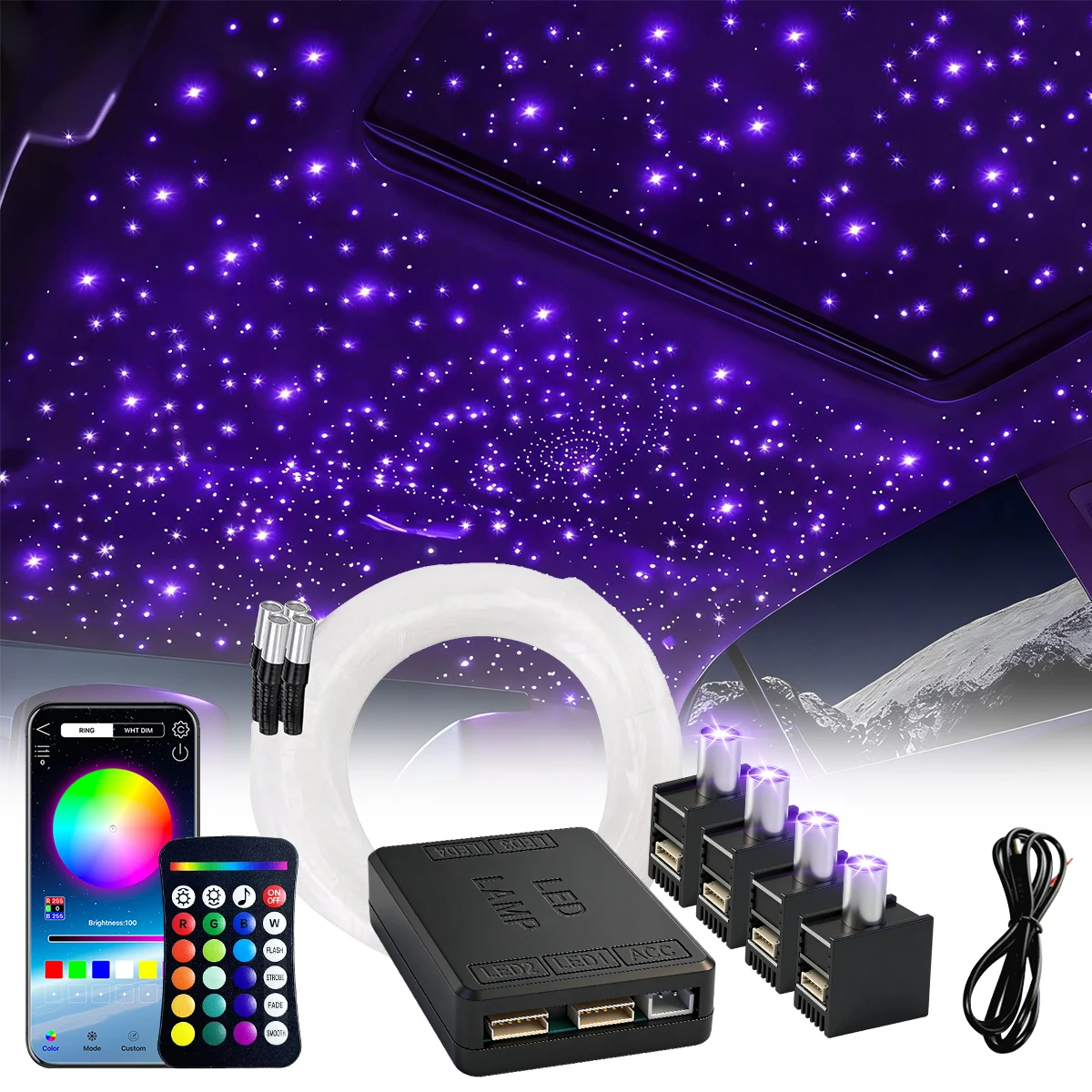 Image of 2026 Neu RGBW DC12V 16W 1/2/4 Split‑Sternenhimmel‑Atmosphärenlicht, APP‑gesteuertes Glasfaser‑Kit für Fahrzeug‑Innenraum, Autodach‑Sternleuchten