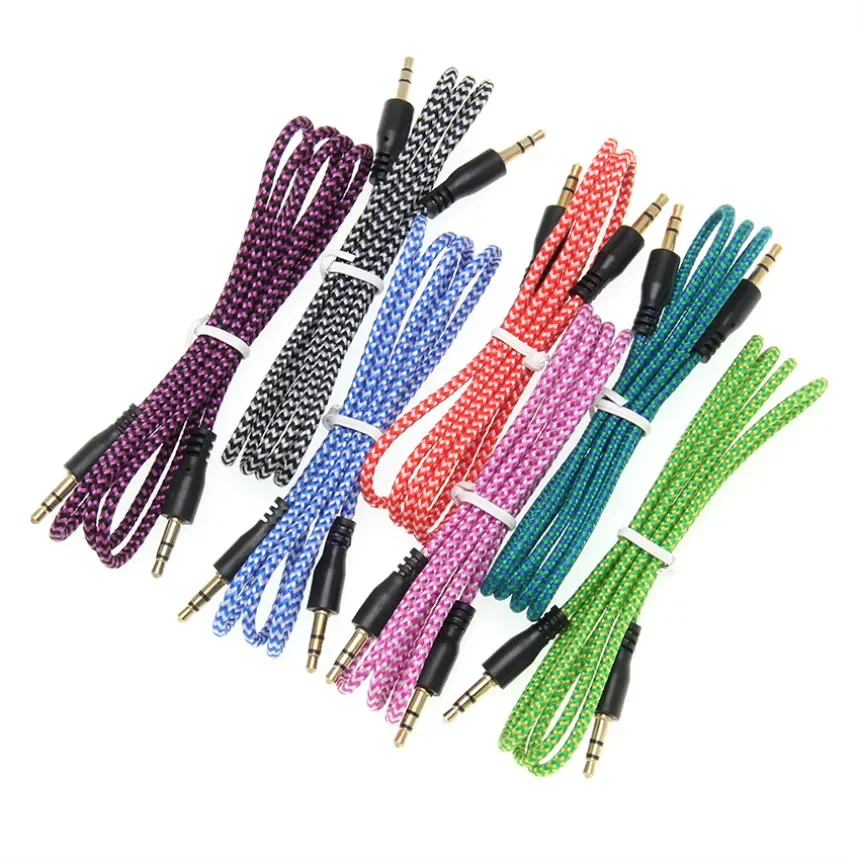 500pcs 1m Braided Fabric 3.5mm Jack Male to Male Stereo Audio Aux Auxiliary Cable for Phone MP4 PC Car Speaker