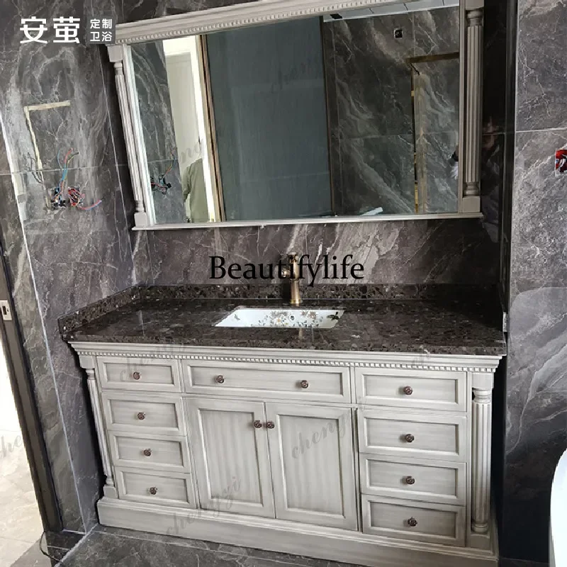Floor-to-ceiling retro bathroom cabinet combination solid wood custom washing table hand face pool basin