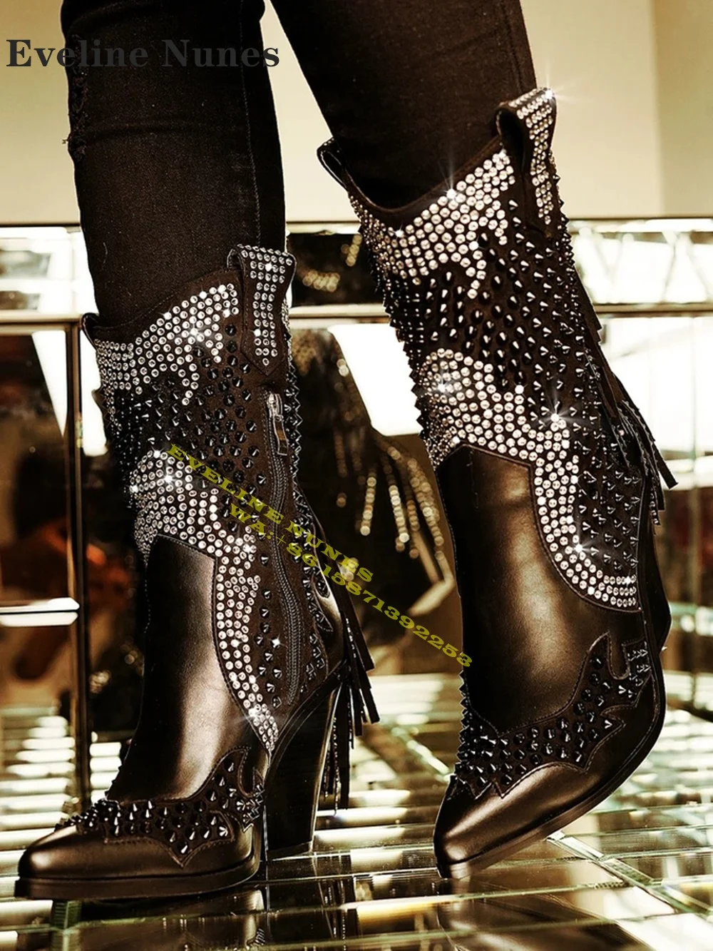 Rhinestone Tassel Sexy Women Ankle Boots Pointed Toe Chunky Heel Side Zip Heavy Work Runway Show Knee High Boots 2024 Winter New