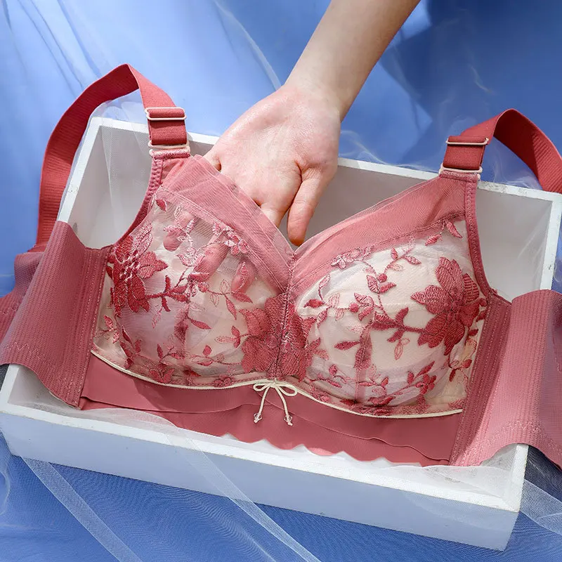 

Summer Ultra-Thin Bar Women Embroidered Latex Rabbit Ear Plus-Size Lingerie Full Coverage Large Busts Push Up Bra C D E 46