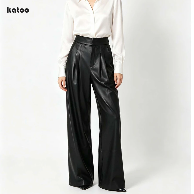 Genuine Leather Wide Leg Pants Autumn Women High Waist Front Pleated With Side Pockets Sheepskin Straight Long Trousers Office