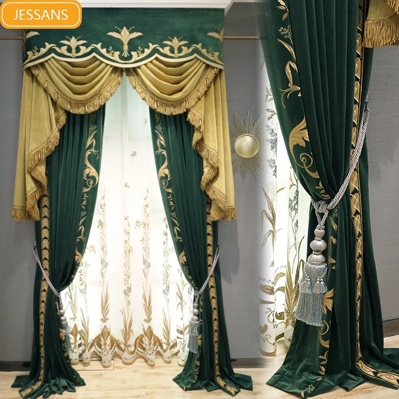 

Vintage Dark Green Embroidery Velvet Splicing Thickened Curtains for Living Room Bedroom French Window Villa Customization