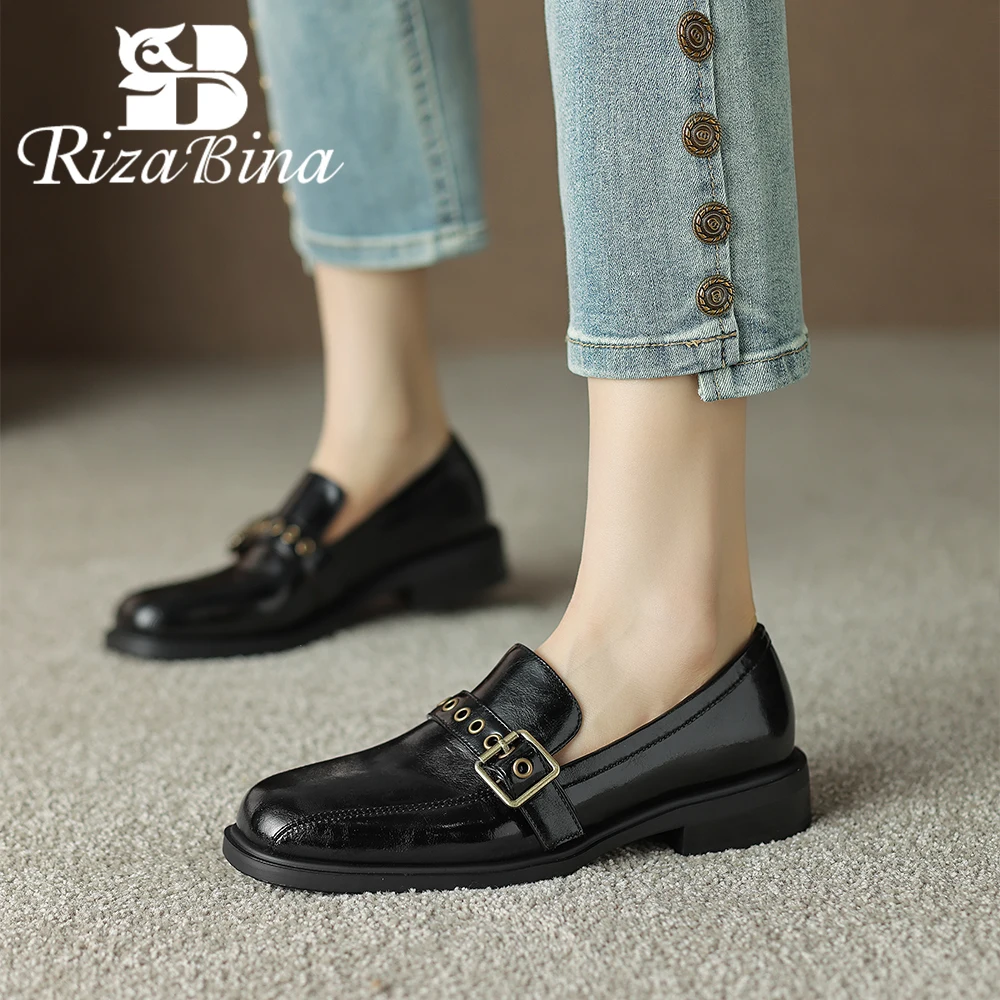 

RIZABINA Women Flats Shoes Fashion Square Toe Real Leather Slip On Loafers Shoes Female Bukle Strap Comfortable Flats Handmade