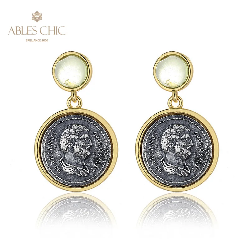 Ables Chic Hadrian Greek Coins Solid 925 Silver Roman Coin Natural Olivine Stud Earrings E1027