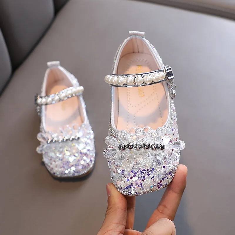 

2023 Autumn Girls Rhinestone Princess Shoe Children's Color Sequins Diamond Leather Shoes Fashion Kids Pearl Party Wedding Shoes