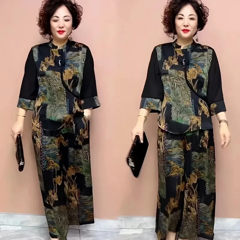 High End Fashion Set 2024 Summer New Temperament Printed Top + Wide Leg Pants Two-piece Set Large Size Middle Aged Mother Suit