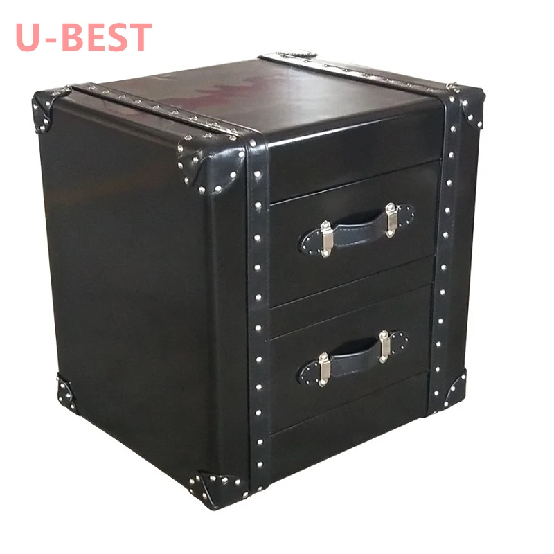 U-BEST Loft Style Black Metal Rivet Public House Bar Club 2 Drawers Angle Cabinet Retro Vintage Furniture Bedside Table