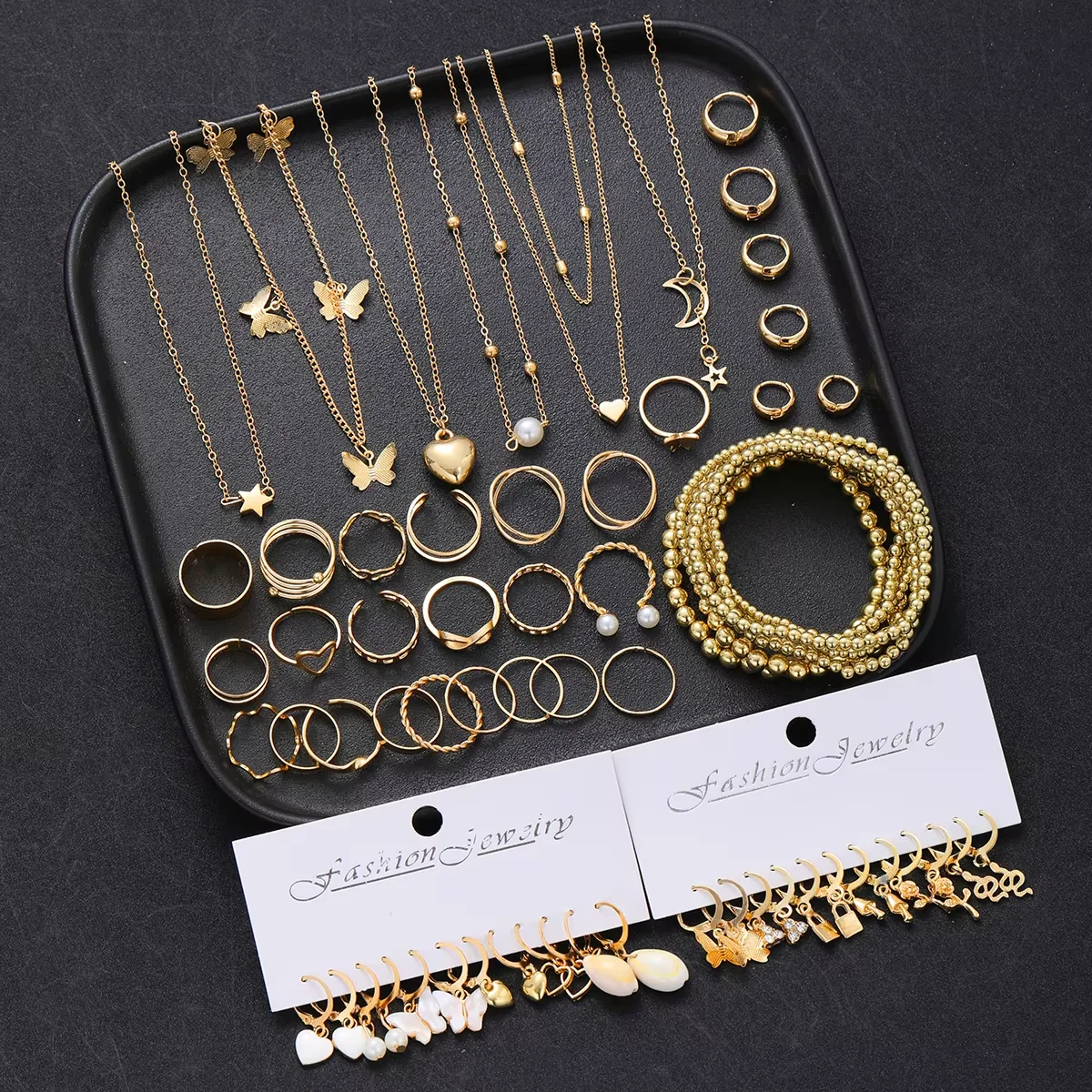65Pcs Vintage Boho Gold Color Jewelry Set For Women Fashion Butterfly Star Heart Pearl Zircon Earring Ring Necklace Bracelet Set view 3