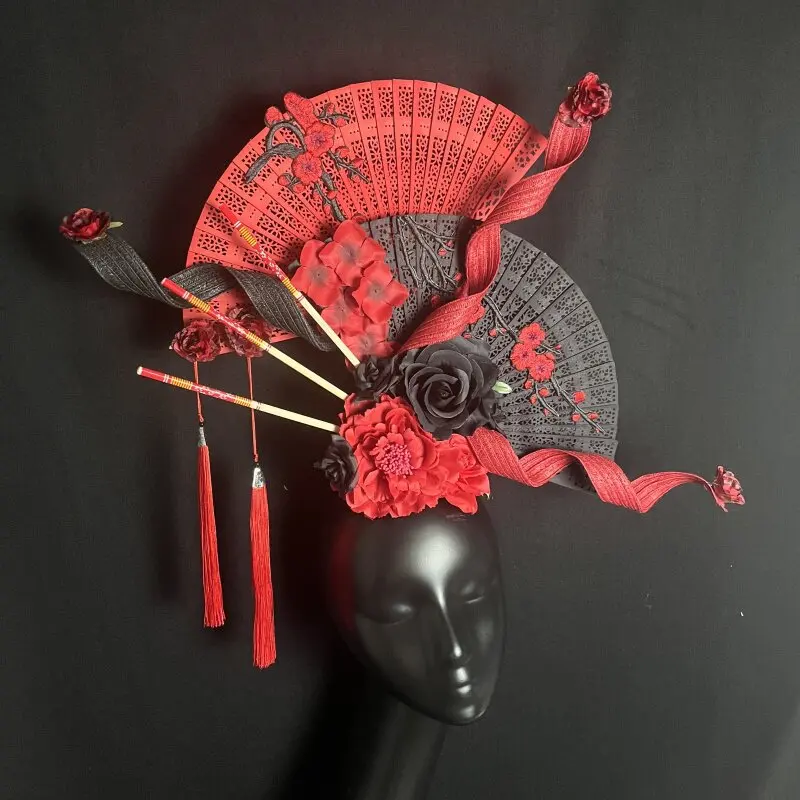 New Chinese Style Red Flower Butterfly Fan Stage Model Runway Show Studio Headwear Female