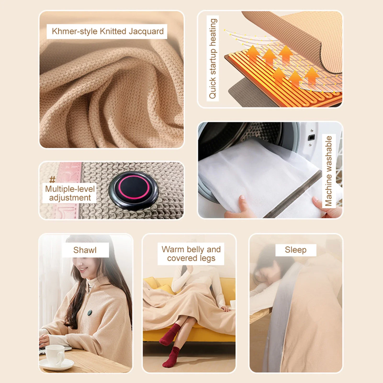 شال ساخن محمول يمكن ارتداؤه يعمل بمنفذ USB للتحكم في درجة الحرارة، بطانية كهربائية متماسكة ناعمة لفصل الشتاء #4