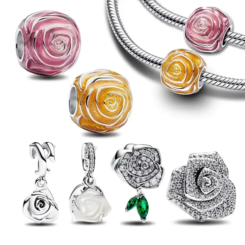 Abalorios de plata 2024 para mujer, accesorio de circonita, rosa, flor, corazón, compatible con Pulsera Original, joyería fina, regalo artesanal,