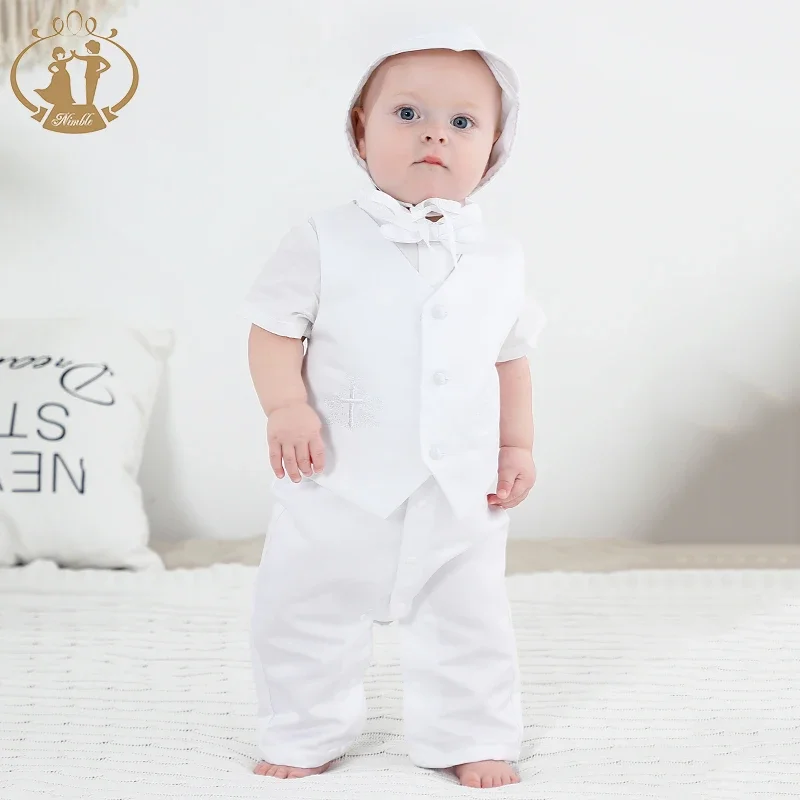 White Baby Boy Clothes Set Baptism Outfits Summer Solid Full Sleeve Suit Lace Christening Gown Newborn Gentleman Birthday