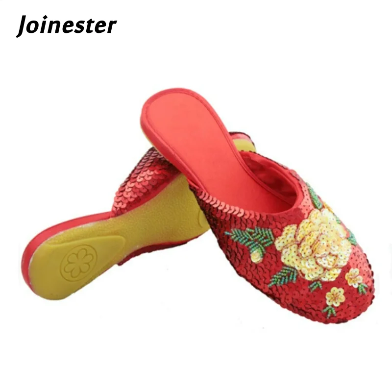 

Винтажные этнические тапочки с круглым носком и блестками для женщин, летние нескользящие уличные шлепанцы на плоском каблуке для девочек, повседневное платье-мулы