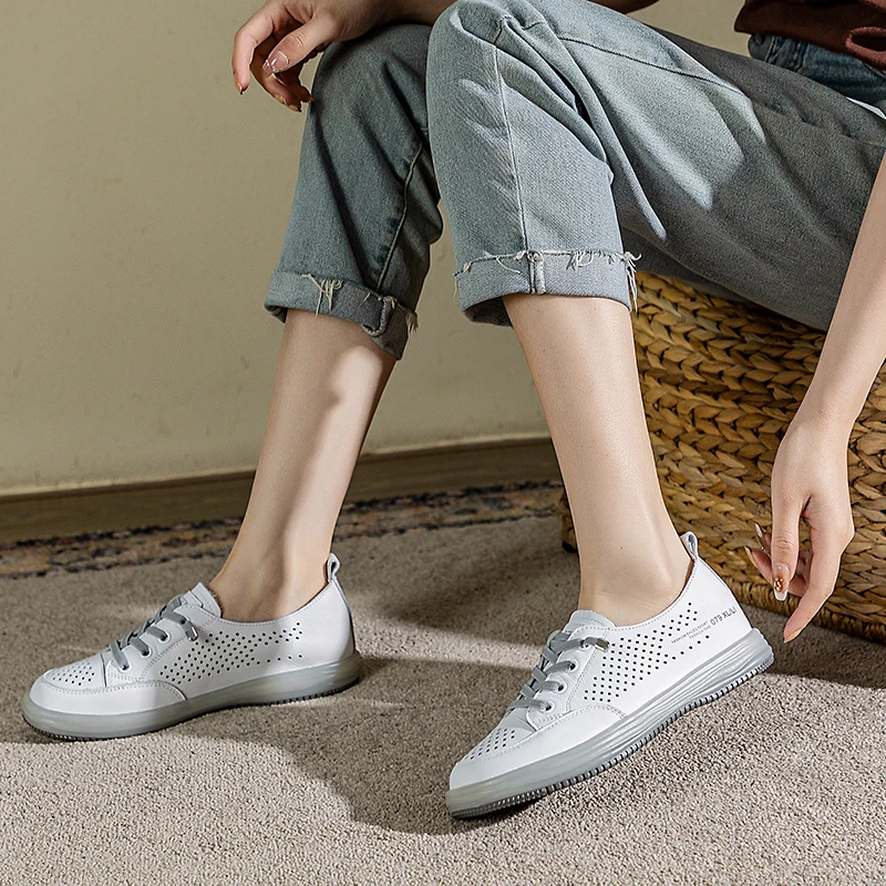GKTINOO damskie buty z wycięciem letnie z prawdziwej skóry białe buty Plus rozmiar damskie oddychające sportowe buty wulkanizowane na co dzień