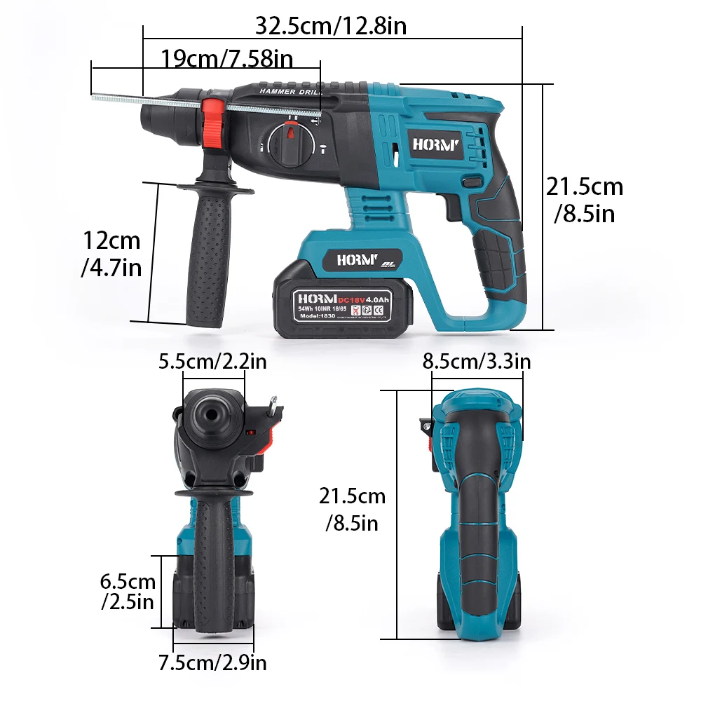 Imagem -05 - Hormy-martelo Elétrico sem Fio sem Escova Furadeira de Impacto Multifuncional Martelo Rotativo Concreto Picareta Elétrica Bateria Makita 18v