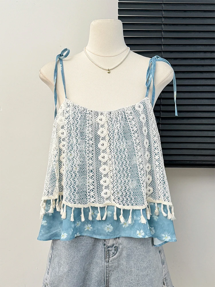 

Patchwork Lace-up Floral Camisole For Women Summer New Casual Hollow Tassel Vest Versatile Commuting Beach Vacation Female Tops