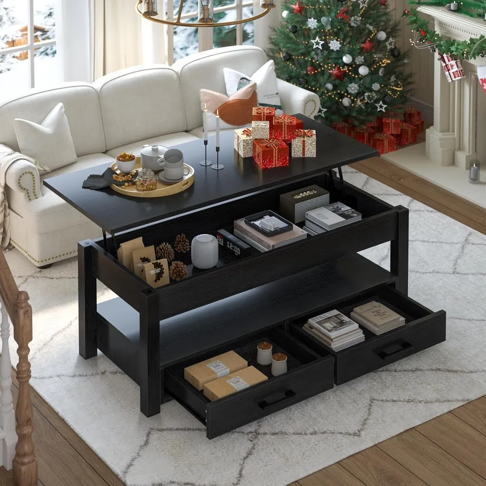 

41.7'' Lift Top Coffee Table with 2 Storage Drawer Hidden Compartment Open Storage Shelf for Living Room Folding Wood End
