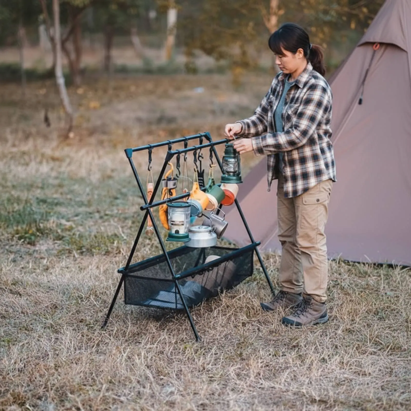 Portable Camping Rack Multifunctional Triangle Storage Rack Foldable Camp Shelf Lightweight Outdoor Gear Organizer for Travel