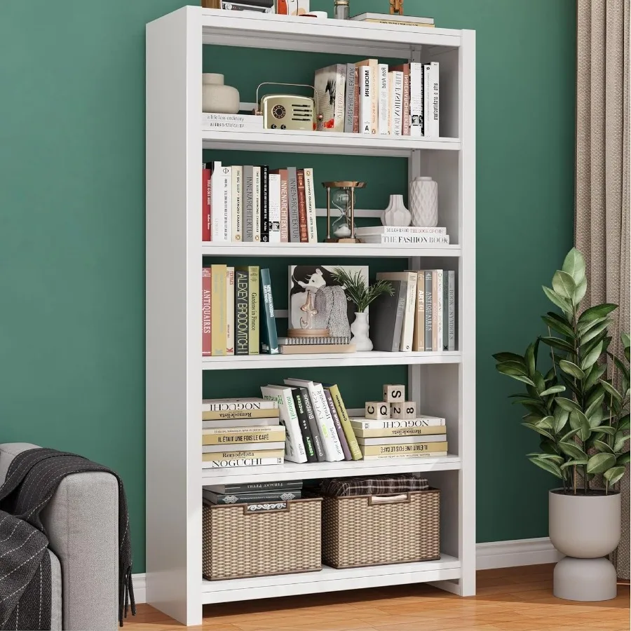 5 Tiers Metal White Bookshelf 69.3 Tall Bookcase Display Storage Shelves with Bookend Heavy Duty Steel Bookshelves for Living R