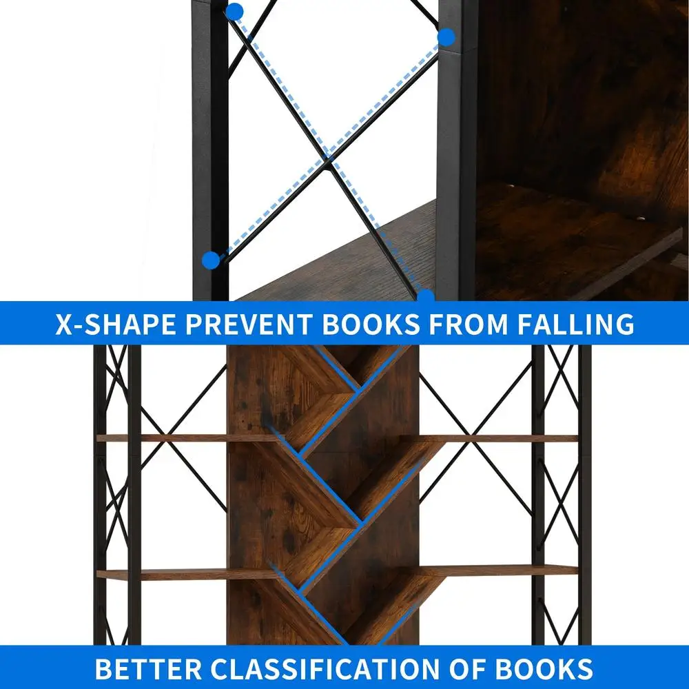 Industrial 5 Tier Tall Bookshelf Tree Shaped Bookcase Wide Display Organizer Home Office Living Room Book Storage Unit