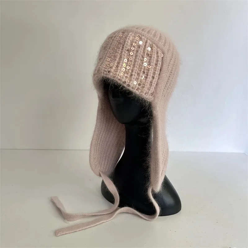 Hat Earflap Sequins Women Winter Knit Beanies Warm Accessory For Cold Weather Autumn Outdoor Skiing Holiday