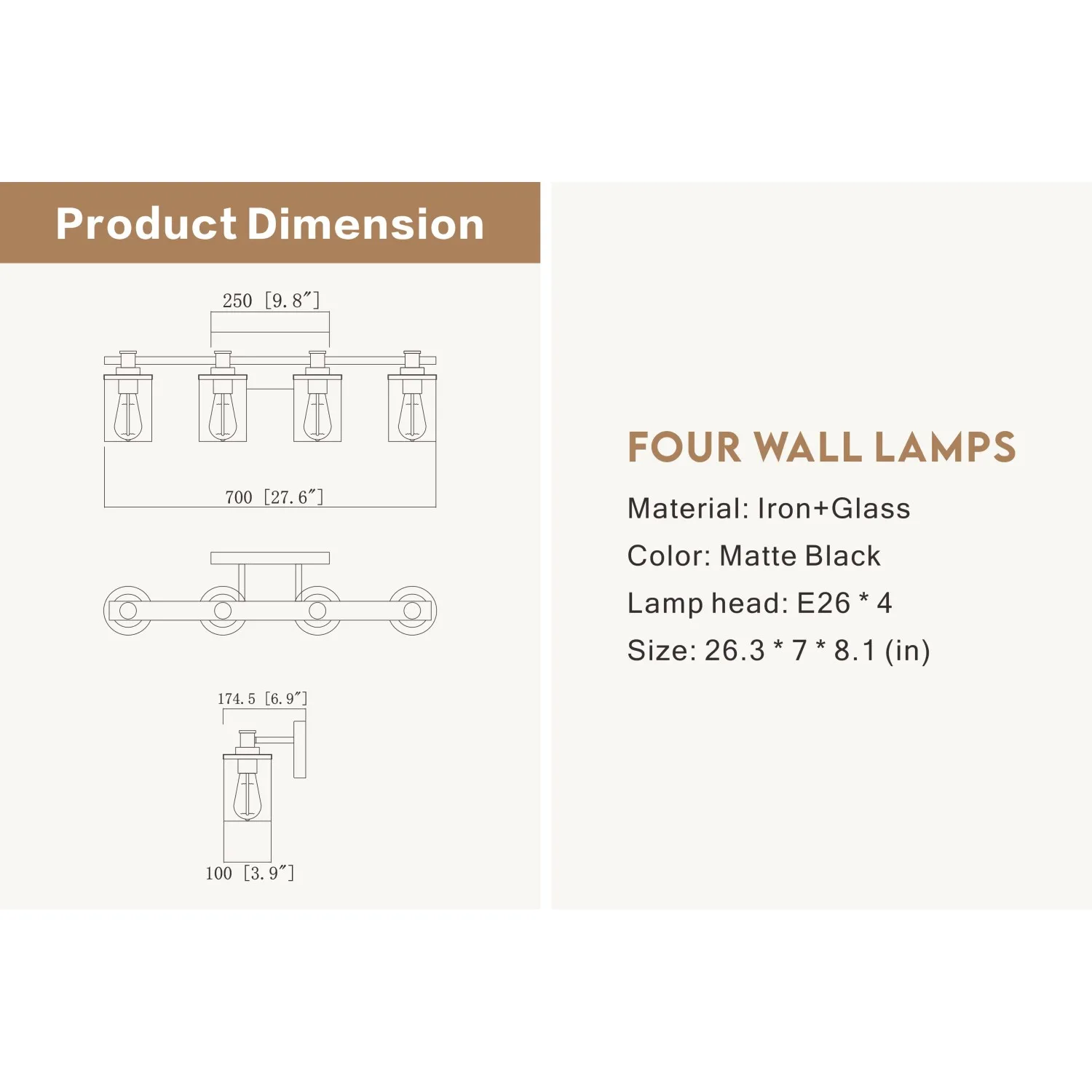 4-Light E26 Bulb Vanity Light Fixture, Matte Black Wall Lamp with Clear Glass for Bathroom, Bedroom, Living Room, and Hallway