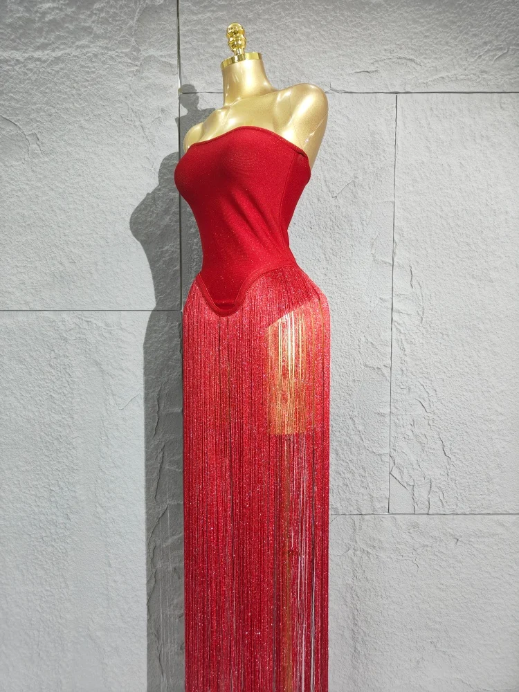 2025 пикантные красные женские элегантные вечерние боди без бретелек с длинными кисточками, бандажный боди, роскошный наряд для дня рождения, ночного клуба, певицы, сценический наряд