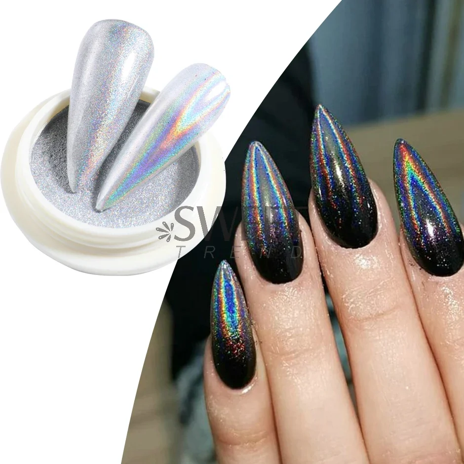 Holografisch Chroom Stevig Nagels Poeder Laser Metallic Glitter Wrijven Stof Zilver Blauw Pigment Iriserende Accessoires Decoratie