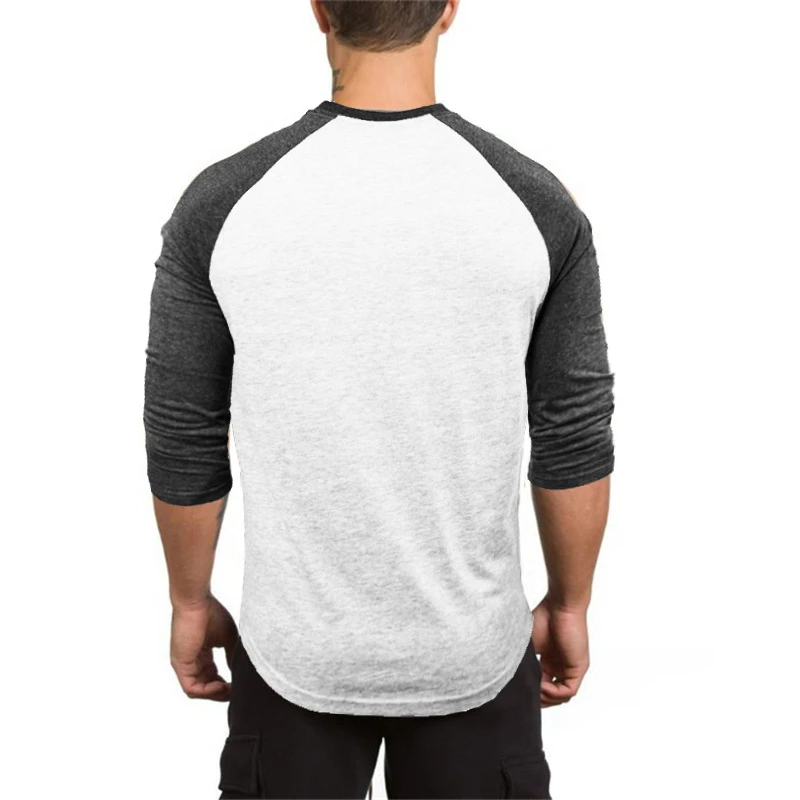 Autumn Three Quarter Sleeve Running T-shirts Mens Spring Cotton Patchwork Silm Fit Fitness T Shirt Sports Tshirt Gym Clothing