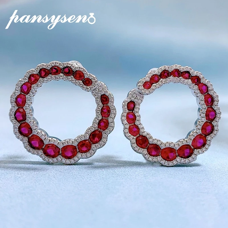 

PANSYSEN 100% 925 Sterling Silver Ruby Simulated Moissanite Diamond Gemstone Wedding Stud Earrings Luxury Fine Jewelry Wholesale