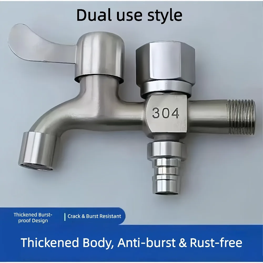 304 Stainless Steel Water Tap, Single/Dual Outlet Options, Thickened Anti-Burst Outdoor Tap for Mop Pool & Washing Machine