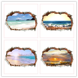 Ocean View Mural Sunrise Walls Hole Art Sunny Beach Sea Wave Sailboat Vinyl Poster Stickers Aesthetic Rooms for Home Decoration