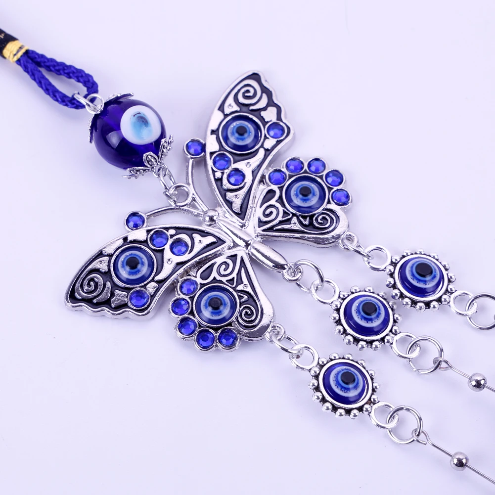 Lucky Blue Eyes Butterfly Bell Charm Keychain Turkish Blue Eye Beads Pendant For Car Rearview Mirror Hanging Decor Key Chain image 5