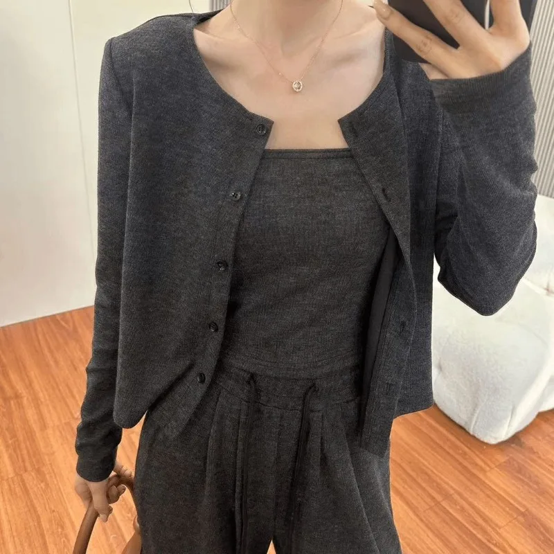 جديد الخريف بدلة رياضية رقيقة عارضة أزياء فضفاضة واسعة الساق السراويل سترة سترة ثلاث قطع مجموعة للنساء