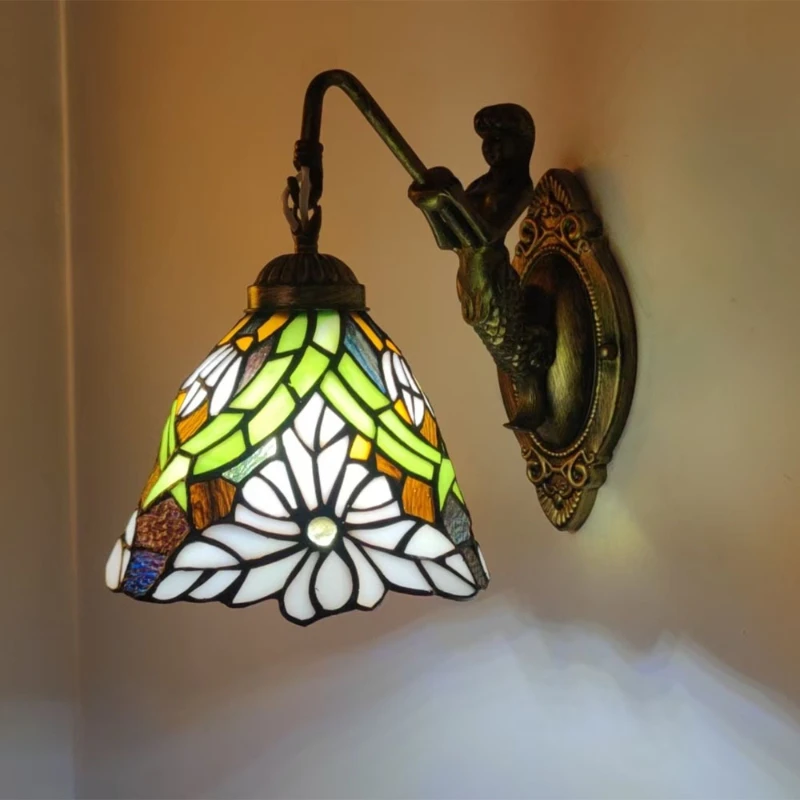 

Mediterranean wall lamp European style living room bedside aisle bedroom creative glass color bathroom mirror headlight