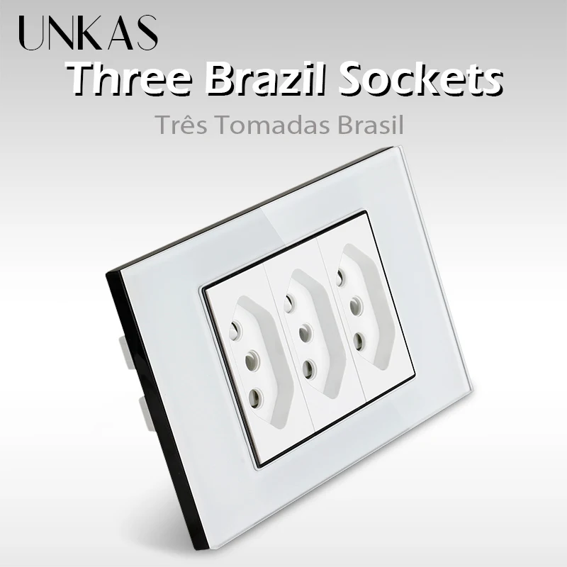 UNKAS Three Brazil Standard Socket 118mm*75mm Crystal Glass Panel White AC 110V~250V 3 Gangs 3 Pins Hole 20A Power Wall Outlet