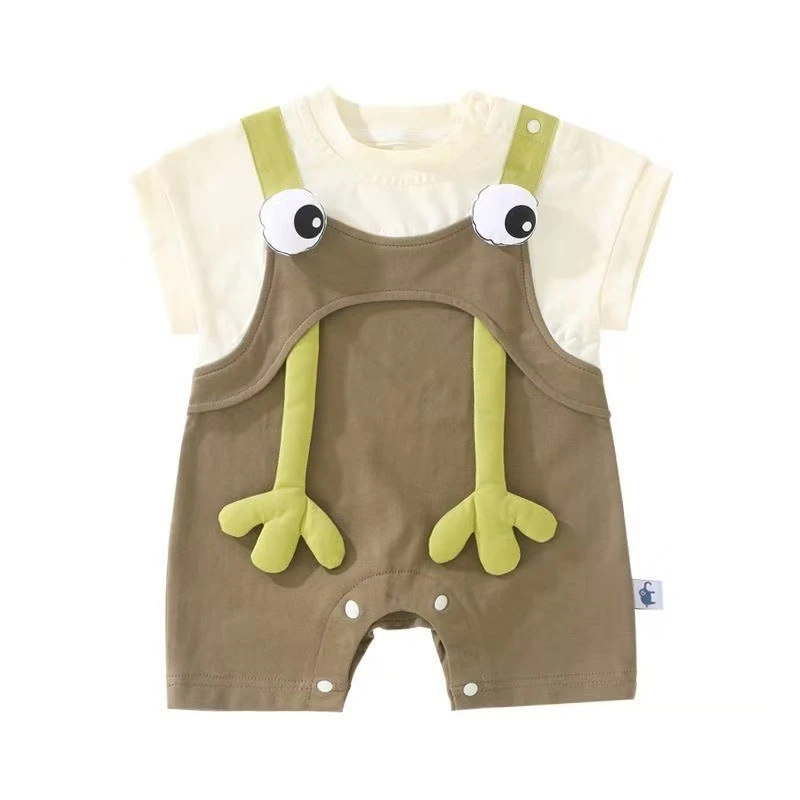 Unisex Infant Summer Fake Two-Piece Romper Cute 3D Frog Design Onesie for Boys & Girls Breathable Short-Sleeve Outdoor Jumpsuit