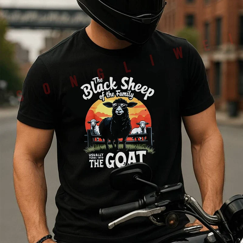 

Black Sheep Family Goat Pattern Moto T-Shirt Fashion Men And Women Aesthetic High Quality Cotton Tees