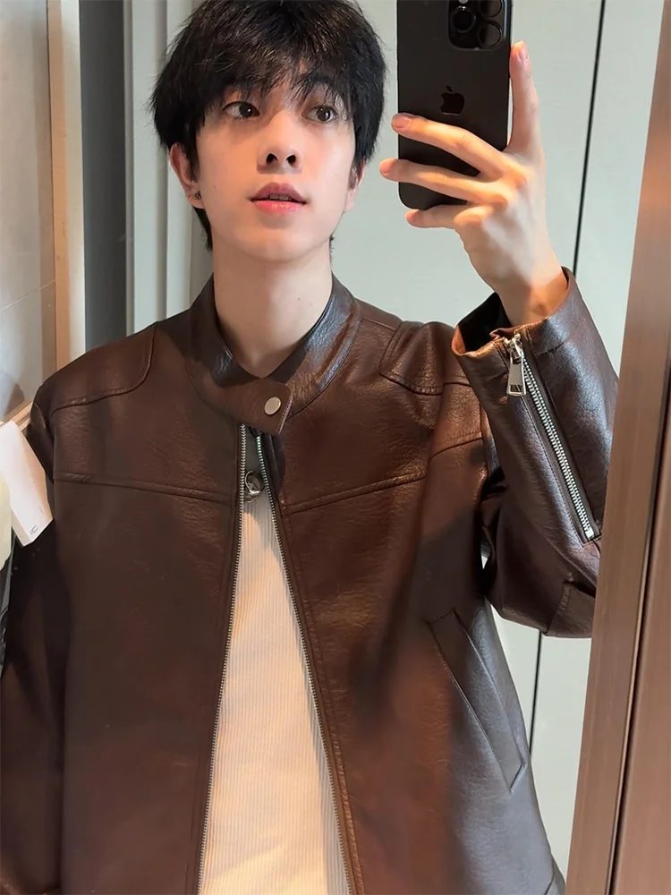 

Мужская кожаная куртка-бомбер в американском стиле, с воротником-стойкой, из искусственной кожи, молодежная, модная, на молнии, свободного кроя