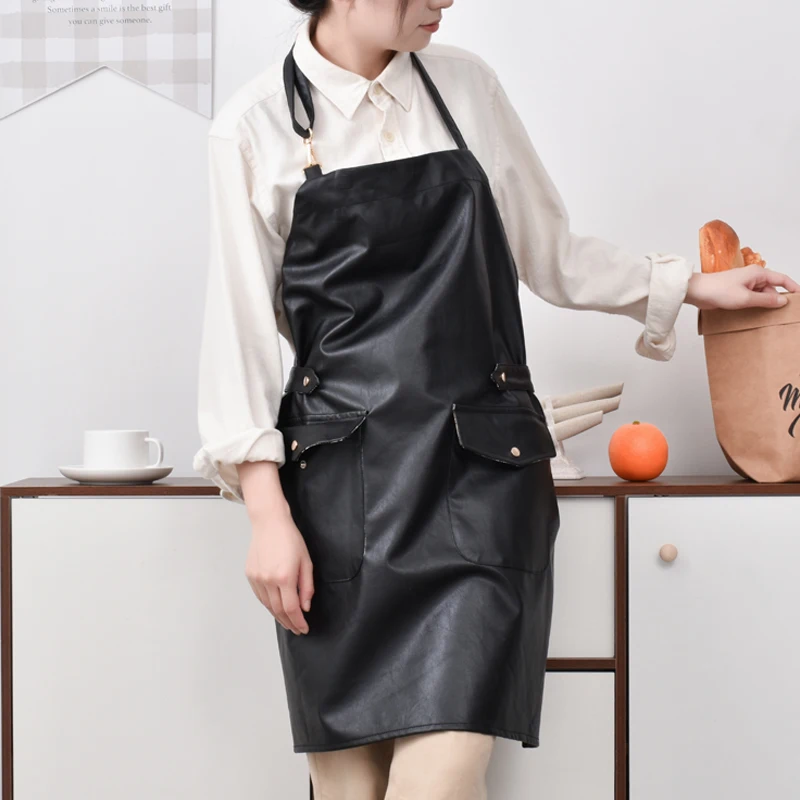 PU leather waterproof apron oil-proof home kitchen cooking simple style men and women fashion custom work waiter apron