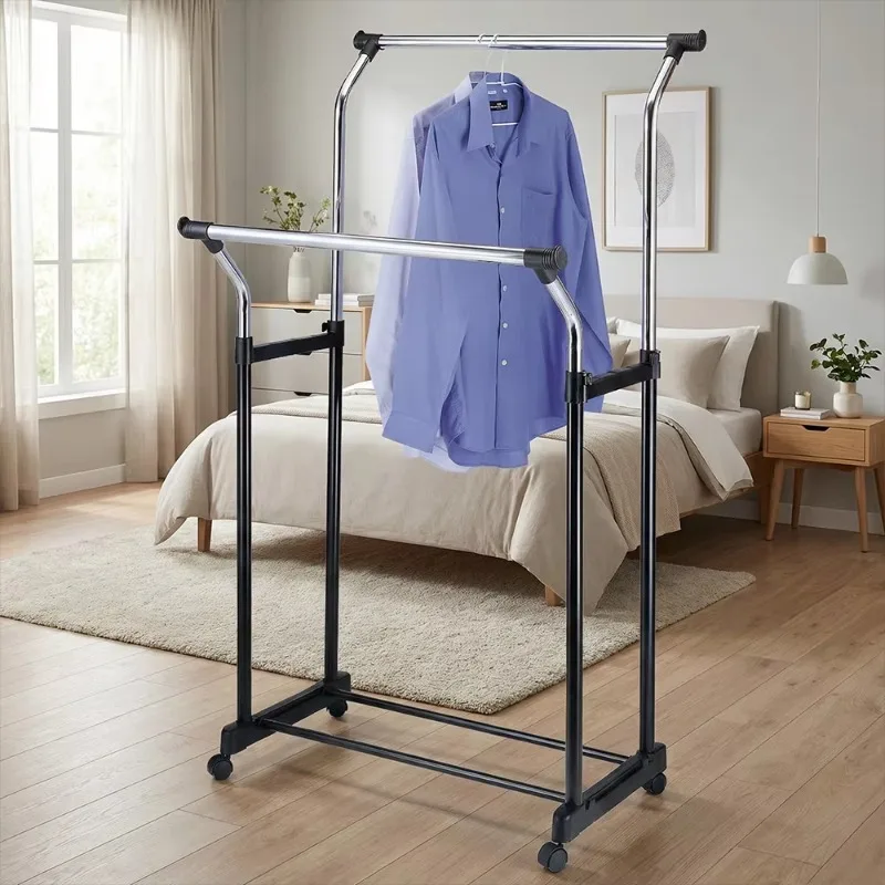 Modern Steel Double-bar Hanger with Storage Rack and Wheels for Bedroom and Living Room Furniture view 4