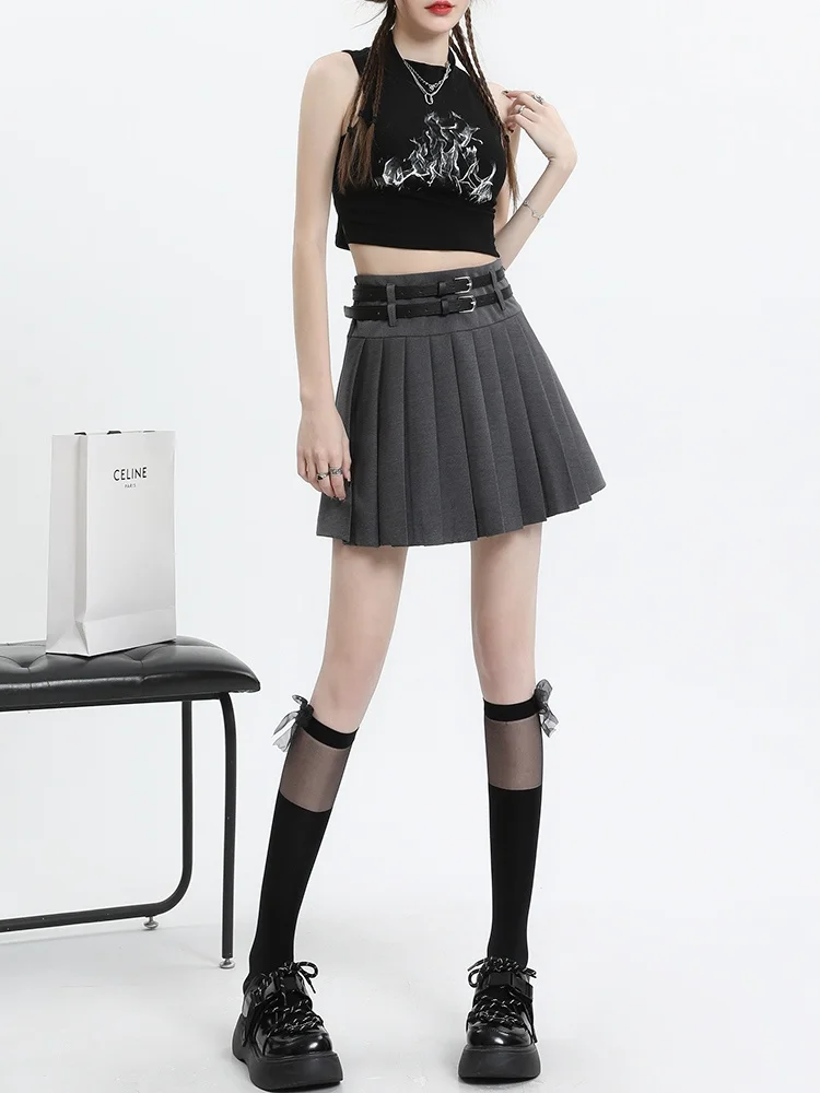 

American Retro ey Pleated Skirt Women Summer Thin Double Belt Sexy Slim A-Line Ultra-ort Skirt High Waist Busin Sle