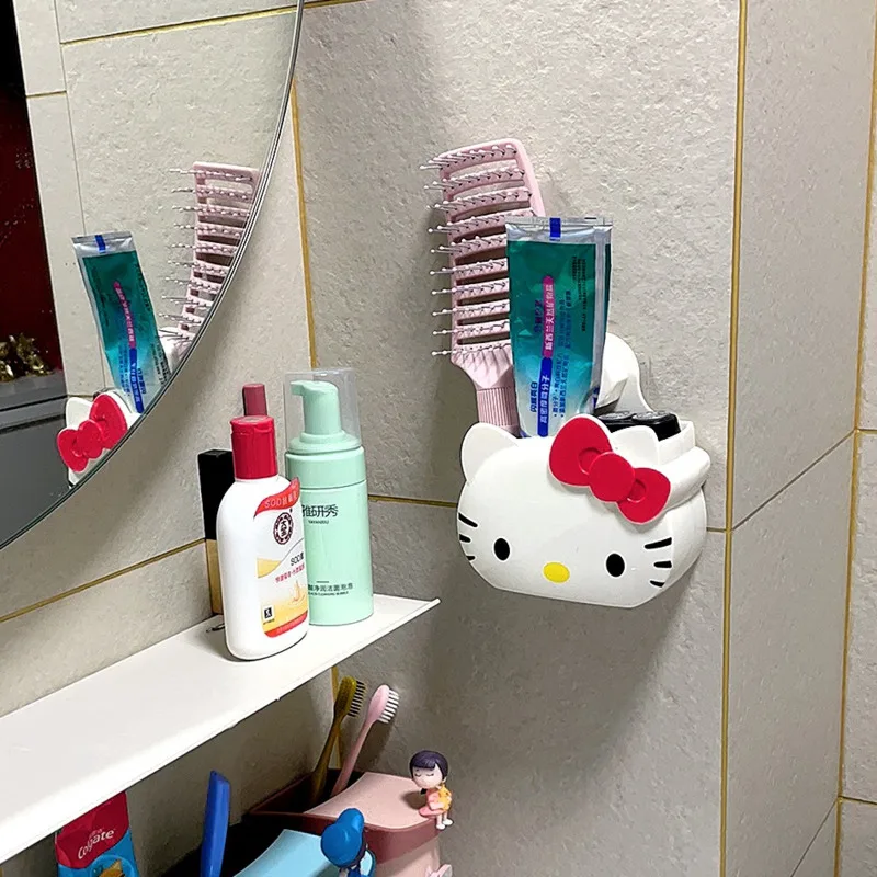 Sanrio Hello Kitty Toothbrush Holder, Cartoon, Nail-free, Non-perforated, Comb Organizer, Hanging Rack, Bathroom Storage, New