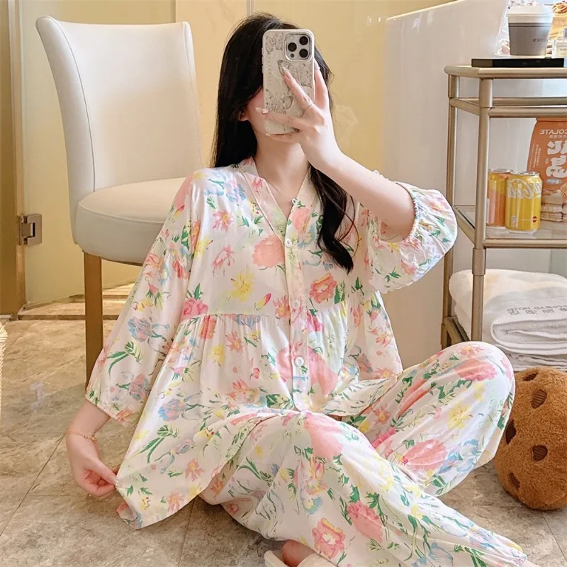 

Cotton Pongee Spring Autumn Summer Pajamas Female Thin Long Sleeve Loungewear Rayon Cotton Loose Extra Large Outerwear Suit