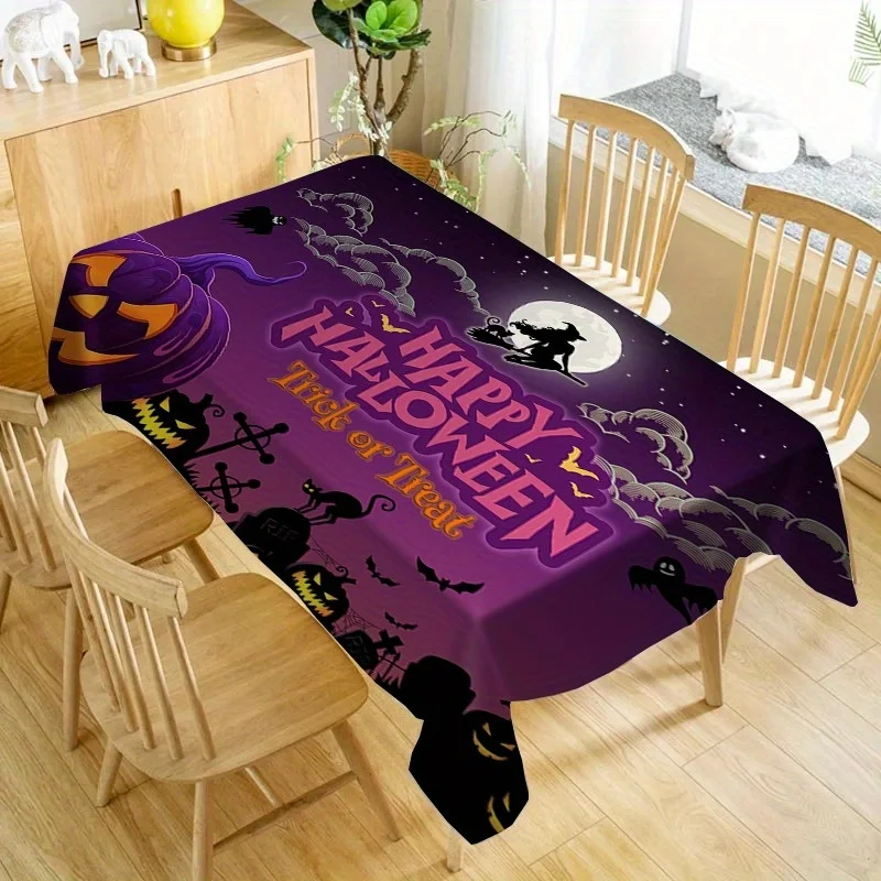 Jit 1 piece of Halloween tablecloth with a purple gradient background featuring a witch, a scary cat and a cemetery themezyc