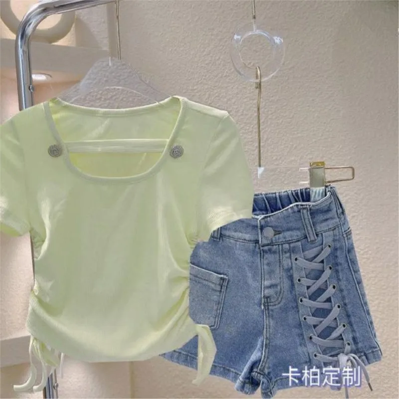 2025 New Spring autumn Summer Children Girl Boy KidsT-shirt + denim shorts ,2pcs Kids Clothes Set Outfits