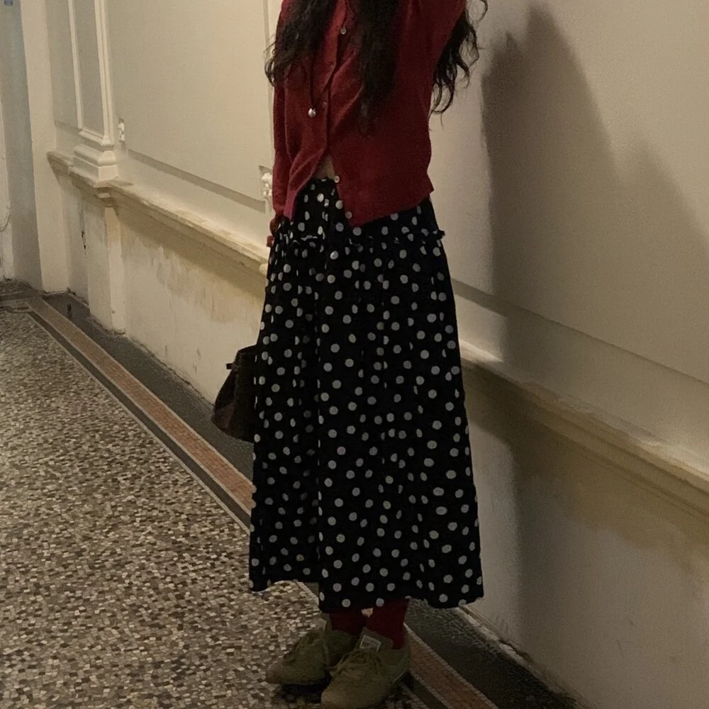 チ � ngqing Dongda Gate ヴィンテージ カジュアル 水玉模様 ウエストゴム ミドル丈 スカート 韓国風 スプリング 秋 冬
