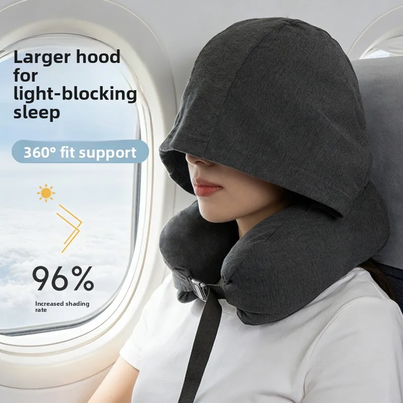 Ergonomic Light-Blocking Hooded Neck Pillow with Particles Filling Breathable Fabric with Adjustable Buckle Travel Neck Pillow