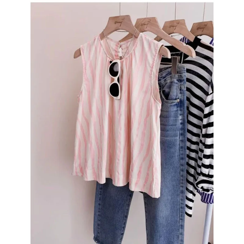 Korean Commuter Summer New Women's Pullovers Crew Neck Printed Striped Shirring Button Elegant Loose Sleeveless Shirt Blouse